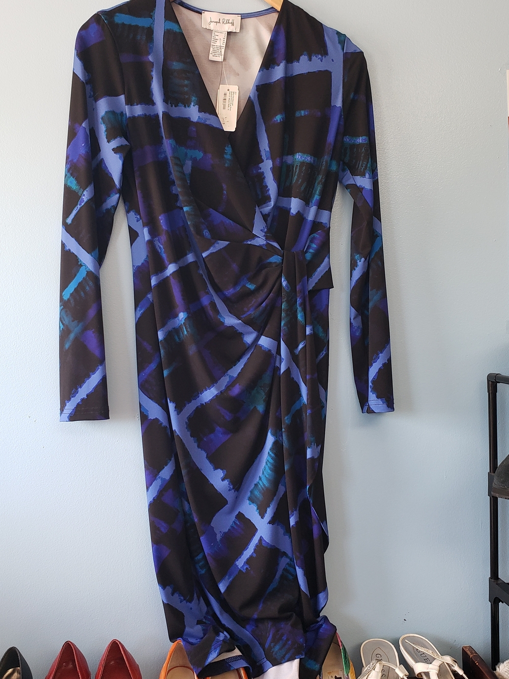 NWT Joseph Ribkoff Silky Knit Abstract Wrap Dress Black Blue Size 6